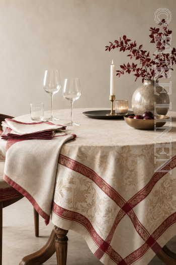 FRENCH MOTIF Taupe Burgundy Table linen - 3 Sizes