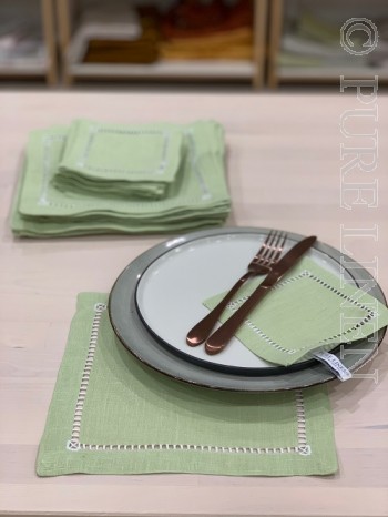 Kiwi Green Linen Coaster with Hem stitch detail Size 12x12 Made in Europe 