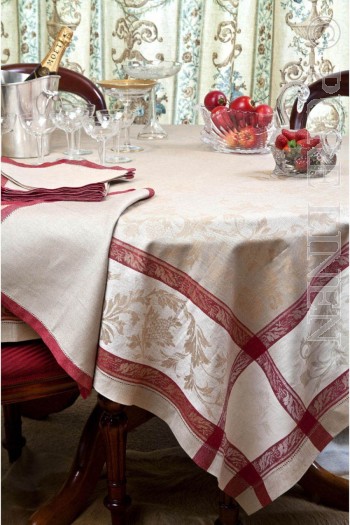 Tablecloth French Motif Natural/Red by PURE LINEN