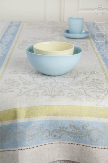 Runner French Motif Damask Colour Pastel Blue/Green Hem Stitched  Size 50x150 